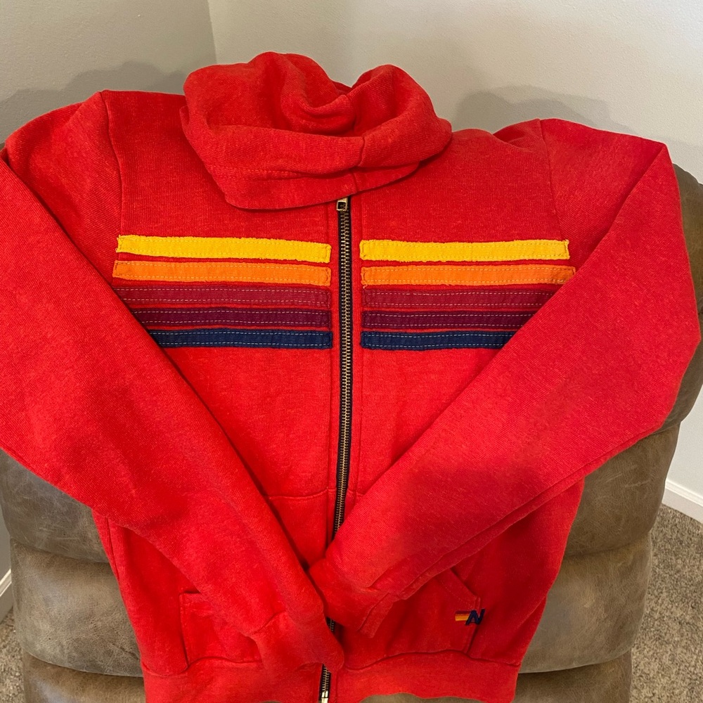 Aviator Nation Vibrant Red Hoodie with Multicolor Stripes